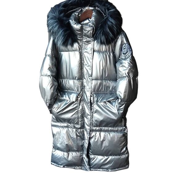 Miz 3006 Metallic Silver Puffer Coat L hooded vegan removable faux fur winter - Picture 2 of 16